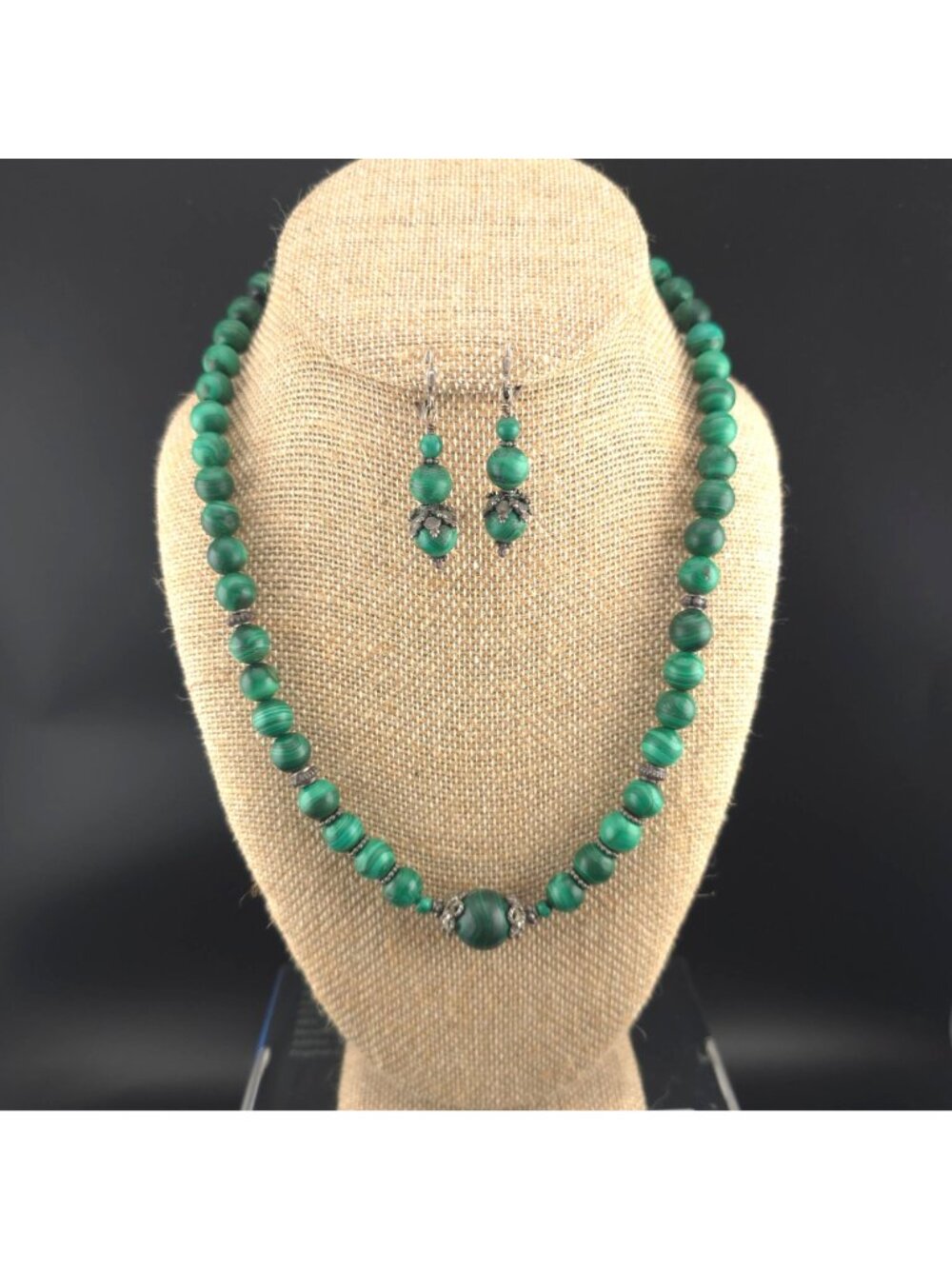 Vintage Malachite Beaded Necklace Earrings Set Sterling Silver 19 inches - Picture 2 of 8